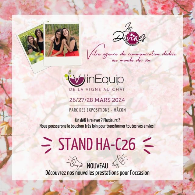 Retrouvez-nous les  26, 27 et 28 mars prochains à la 3ème édition du Salon @vinequip  au parc des expositions de Mâcon.
Rendez-vous sur notre stand HA-C26, nous avons hâte de partager avec vous les nouveautés 2024 de l’agence.

Convivialité et bonne humeur garanties 🤗

Téléchargez votre badge gratuitement en suivant le lien dans notre story (disponible pendant 24h).

#salon #vinéquip #accompagnement #vignes #vigneron #vigneronindependant #agencedecommunication #lesdivinescommunication #vin #communicationvin #vignobles #vigne #vignerons #vigneronsdenature #communicationvigneron #vinrouge #vinblanc #vinrosé #apéro #apéritif #degustation #degustationvin